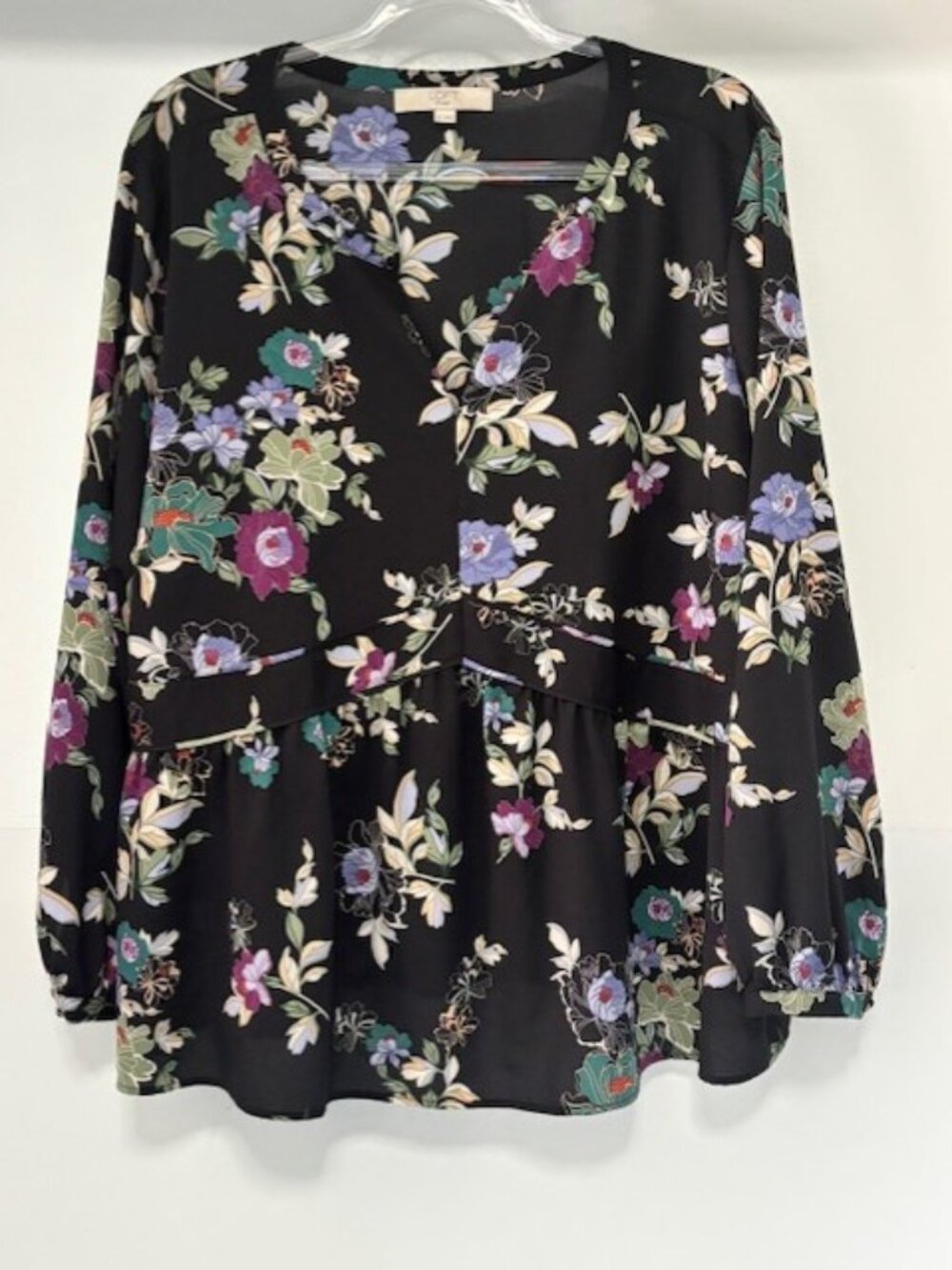 Loft Plus Floral Blouse 18 Black Multicolor Long Sleeve V Neck Peplum Office